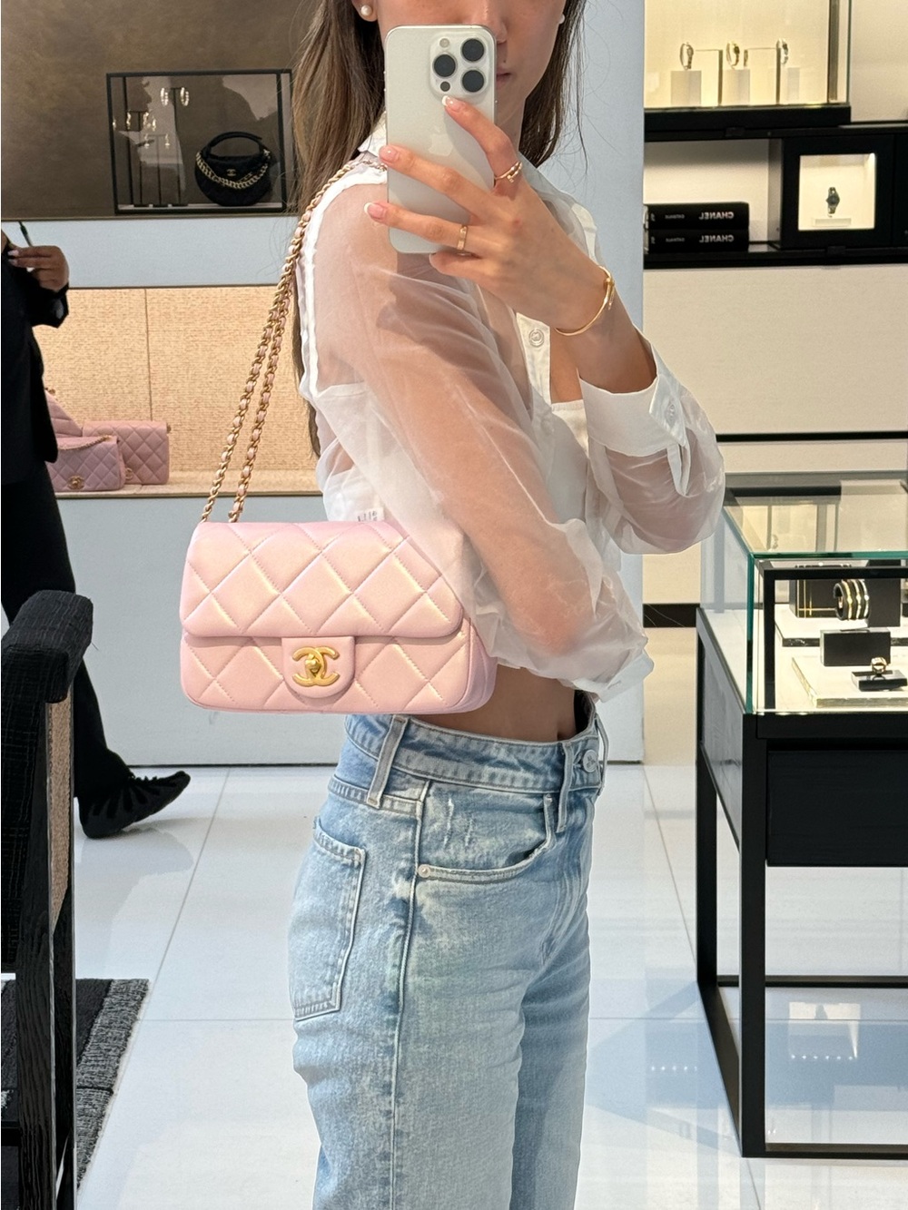 Brand New Chanel Pearly Flap Bag in Iridescent Pink